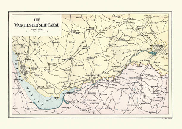 Vintage map of the Manchester Ship Canal, 19th Century Vintage map of the Manchester Ship Canal a 36-mile-long (58 km) inland waterway in the North West of England linking Manchester to the Irish Sea. 19th Century river mersey northwest england stock illustrations