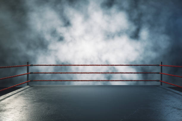 Professional boxing ring Professional boxing ring in foggy interior. Sport and challenge concept. 3D Rendering wrestling stock pictures, royalty-free photos & images