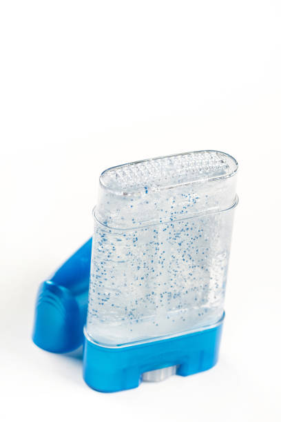 istock Closeup macro antiperspirant stick deodorant gel for armpit in plastic blue bottle with copy space 1216565088