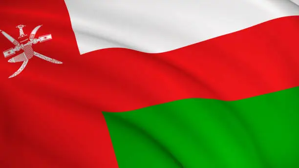 The national flag of Oman (Omani flag) - waving background illustration. Highly detailed realistic 3D rendering