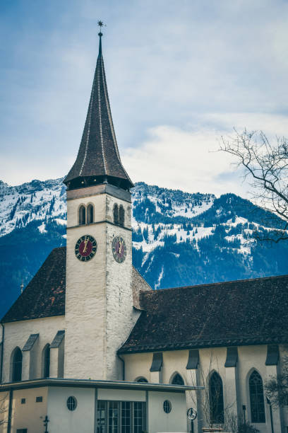 istock Protestant Church And Clocktower In Interlaken, Switzerland 1216567094