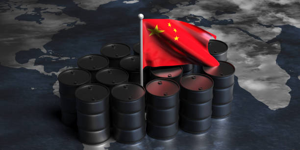 Fuel drums and China flag on world map background. 3d illustration