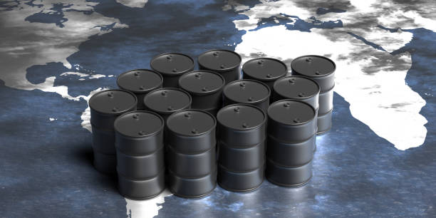 Oil barrels black color on world map background. 3d illustration Oil industry, global energy commodity, international trade. Oil barrels black color on world map background. 3d illustration opec stock pictures, royalty-free photos & images