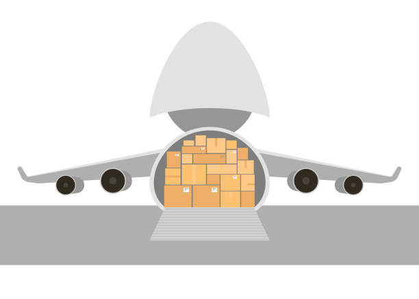 illustrations, cliparts, dessins animés et icônes de concept de service de livraison d’aéronefs de transport. chargement des porte-conteneurs, des boîtes, des marchandises, des marchandises. aide humanitaire lors d’une épidémie de virus. illustration de vecteur de modèle plat. - business global business merger globe