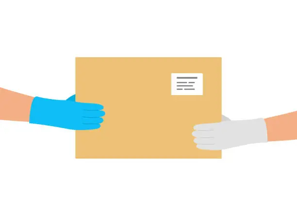 Vector illustration of Safe order delivery of goods to buyer. Courier delivered parcel box to customer. Man holding cardboard boxes in rubber gloves. Online shopping and express delivery. Vector illustration