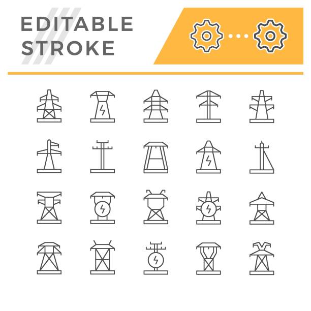 ilustraciones, imágenes clip art, dibujos animados e iconos de stock de establecer iconos de línea de pilón eléctrico - red eléctrica