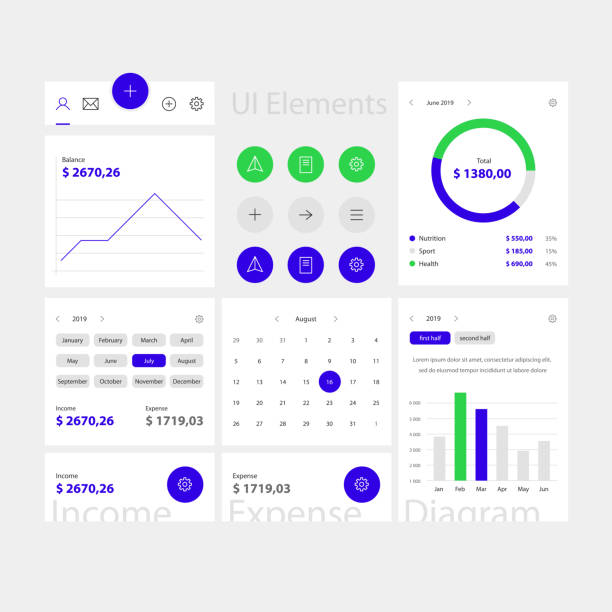 Blue web and app ui elements template Blue web and app ui elements template. Minimal web interface with navigation, buttons, icons for use on the site. Daily ui balance borders stock illustrations