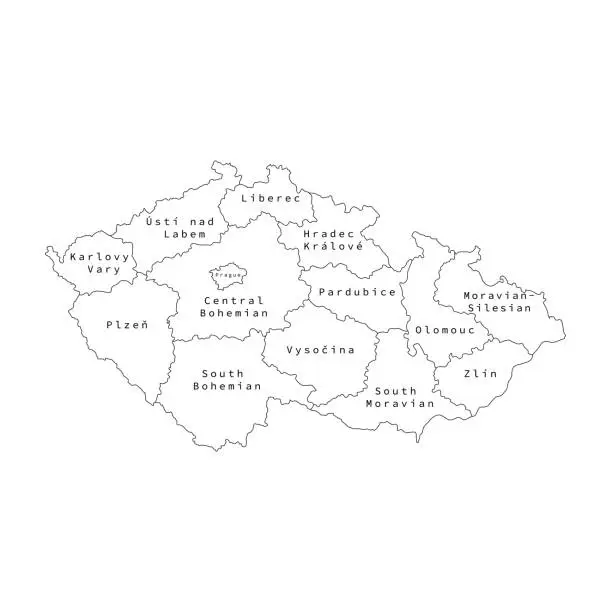 Vector illustration of Vector illustration of administrative division map of Czech. Vector map.