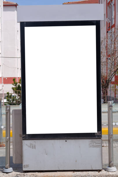 istock Blank white horizontal mock up of information banner with empty place for text on tram stop in the street 1216571674