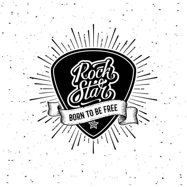 Rock Star Plectrum Ribbon White Vector illustration Rock star handwritten lettering on a plectrum. Born to be free Slogan graphic for t shirt or tattoo. Poster with plectrum, starburst, ribbon. Vector illustration banners tattoos stock illustrations