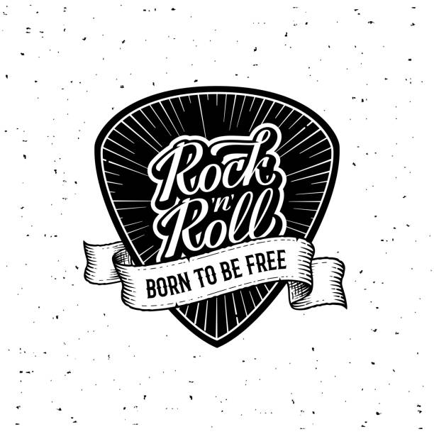 Rock and Roll Plectrum Ribbon White Vector illustration Rock and Roll handwritten Lettering on a Plectrum. Born to be free Slogan graphic for t shirt or tattoo. Poster with plectrum, starburst, ribbon. Vector illustration banners tattoos stock illustrations
