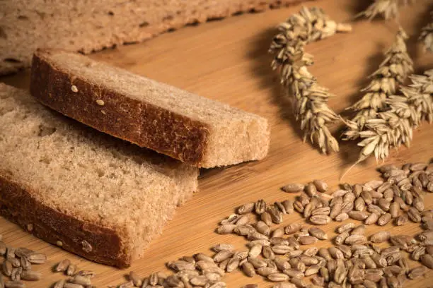 Bread bakery background. Wheat bread and grain ears