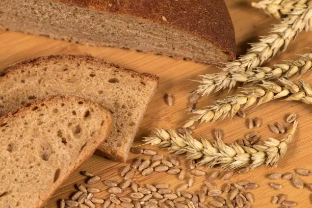 Wheat bread and grain ears background