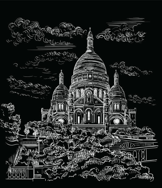 ilustrações de stock, clip art, desenhos animados e ícones de black vector hand drawing paris 9 - famous place usa black background international landmark