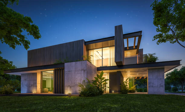 istock 3d rendering of modern house with wood plank facade in night 1216576597