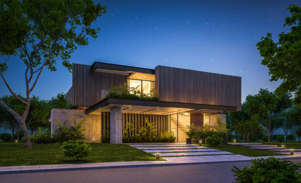 istock 3d rendering of modern house with wood plank facade in night 1216576700