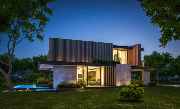 istock 3d rendering of modern house with wood plank facade in night 1216576766