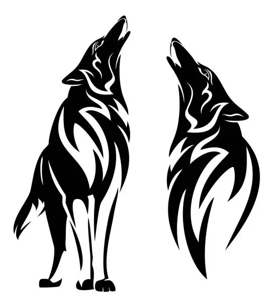 Vector illustration of howling wolf black and white vector outline