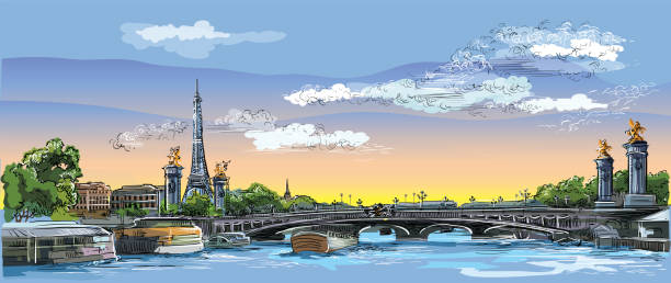 Colorful vector hand drawing Paris 4 Colorful vector hand drawing Illustration of Eiffel Tower, landmark of Paris, France. Panoramic cityscape with Eiffel Tower and Pont Alexandre III, view on Seine river embankment. pont alexandre iii stock illustrations