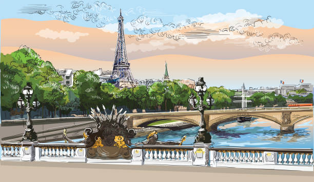 Colorful vector hand drawing Paris 8 Colorful vector hand drawing Illustration of Eiffel Tower, landmark of Paris, France. Panoramic cityscape with Eiffel Tower and Pont Alexandre III, view on Seine river embankment. pont alexandre iii stock illustrations