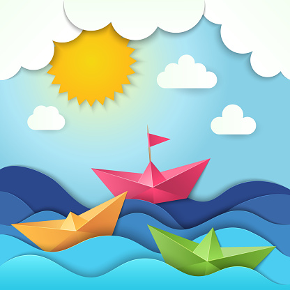 Origami boat. Cut paper ocean waves shadows vector ship stylized illustration