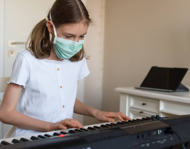 istock Little girl learning the piano during quarantine. 1216582423