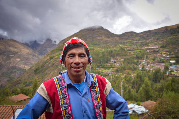 An indigenous Quechua man in traditional dress in a rural community in the Sacred Valley. Cusco, Peru