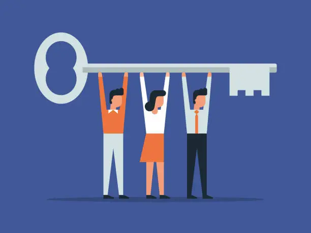 Vector illustration of Team of workers lifting key to success together