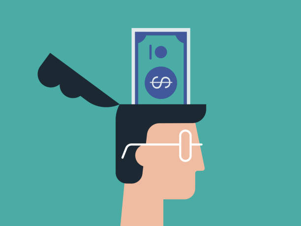 illustration des kopfes des mannes mit dollarschein im inneren - geld ausgeben stock-grafiken, -clipart, -cartoons und -symbole