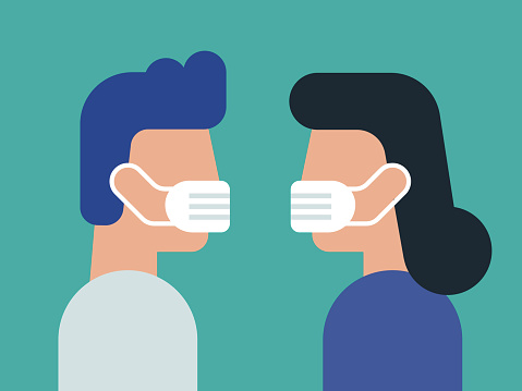 Illustration of face to face young couple wearing face masks