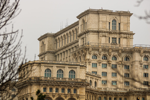 Detail photo of the famous Palace of the Parliament (Palatul Parlamentului) in Bucharest, capital of Romania
