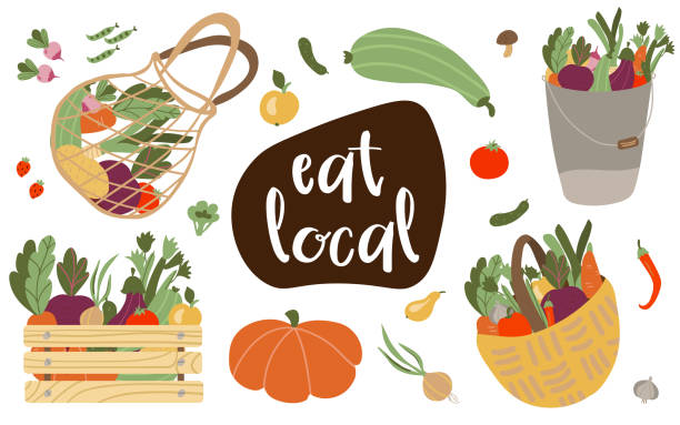 Eat local lettering vegetables and greens. Farmers market concept illustration with fresh vegetables isolated on the white background. Farmer, organic, vegan. Flat cartoon vector illustration Eat local lettering vegetables and greens. Farmers market concept illustration with fresh vegetables isolated on the white background. Farmer, organic, vegan. produce basket stock illustrations