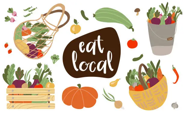 Vector illustration of Eat local lettering vegetables and greens. Farmers market concept illustration with fresh vegetables isolated on the white background. Farmer, organic, vegan. Flat cartoon vector illustration