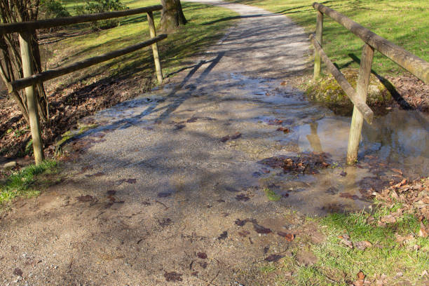 istock Small stone bridge for a footpath over a small creek flooded with water 1216589045