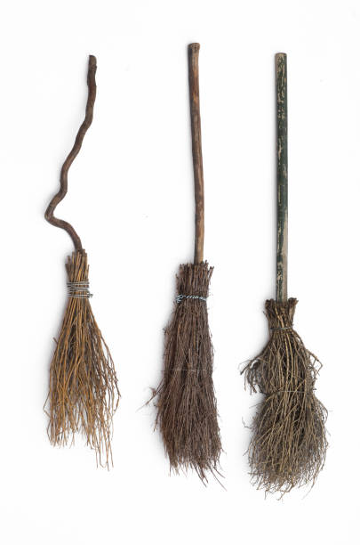 old wooden broomstick isolated on white background
