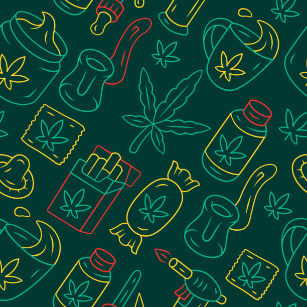 illustrazioni stock, clip art, cartoni animati e icone di tendenza di modello senza soluzione di continuità vettoriale dei prodotti di intidizione. background dell'industria della cannabis. texture verde, icone di colore lineari. lecca-lecca cbd, sigarette, bevande. carta da imballaggio per legalizzazione marijuana, design  - cigarette wrapping