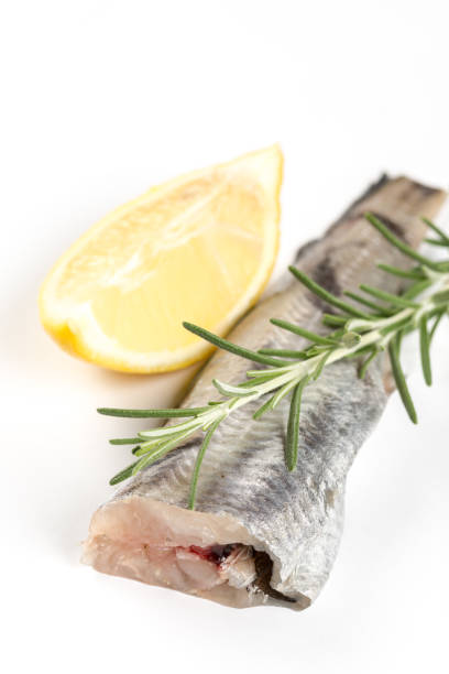 istock Fresh raw hake fish on the white background with rosemary and lemon 1216589722