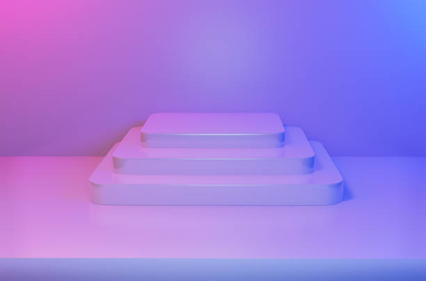istock Abstract Empty Square Pedestal in Blue Pink vibrant light Stage for present content advertising banner product design mockup. 3D illustration 1216592142