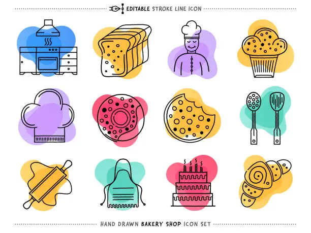 Vector illustration of Processed Bakery Products Doodle Icons Set
