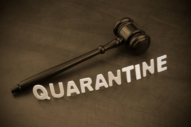 istock Wooden judge gavel and word quarantine. 1216595233
