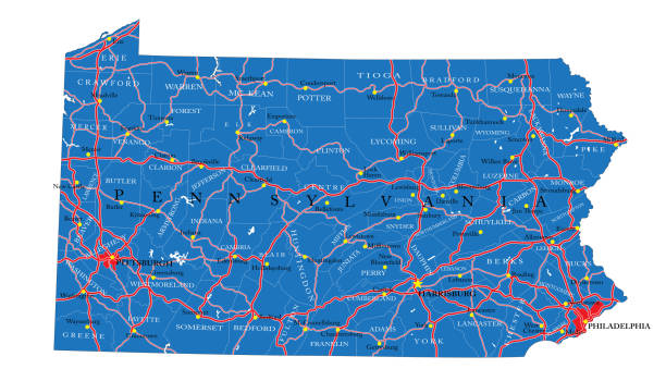 Pennsylvania state political map Detailed map of Pennsylvania state,in vector format,with county borders,roads and major cities. allentown pennsylvania stock illustrations