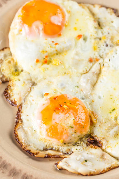 istock Flat lay closeup macro fried chicken eggs on the plate above wooden table 1216596394