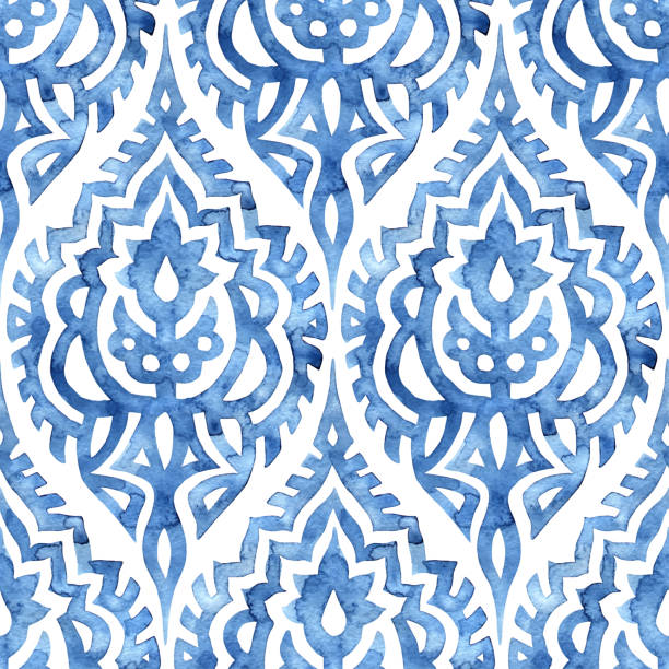blau und weiß nahtlose aquarell-muster. - traditioneller batikstil stock-grafiken, -clipart, -cartoons und -symbole