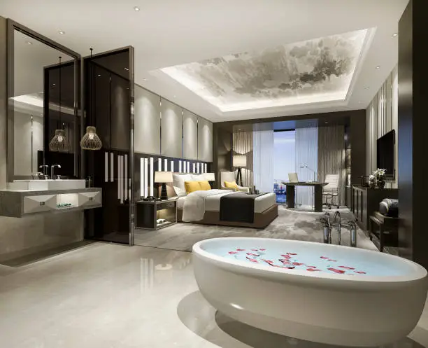 Photo of 3d rendering modern luxury bedroom suite and bathroom