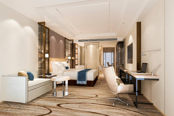 istock 3d rendering beautiful luxury bedroom suite in hotel with tv and working table 1216599440
