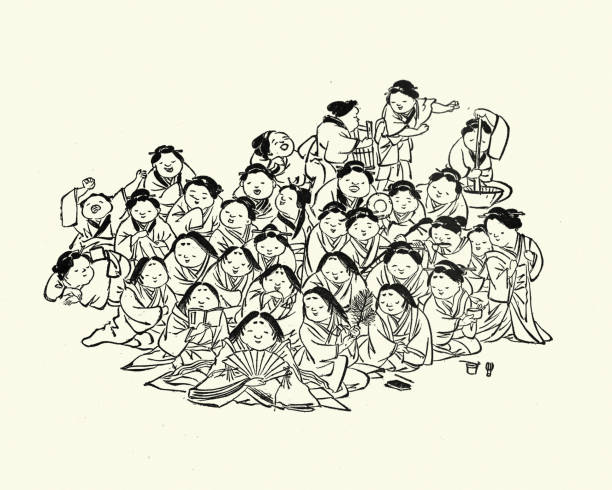 Vintage engraving of Sketch of a group of Japanese children, 19th Century