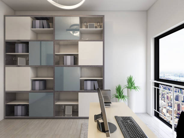 istock Modern simple design study with desks and bookcases next to it, suitable for business office and study 1216600324