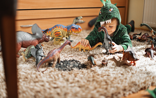 Adorable toddler boy in a dinosaur costume playing with his dinosaurs figures in his playroom