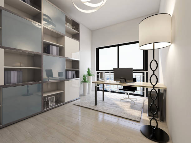 istock Modern simple design study with desks and bookcases next to it, suitable for business office and study 1216601097