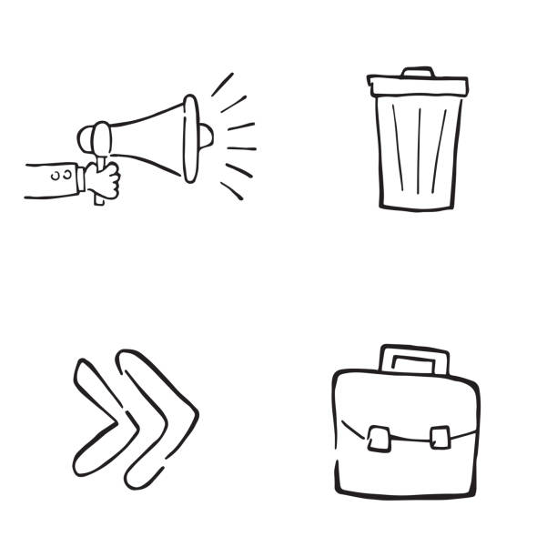 ręcznie rysowane wektorowe obiekty ikony doodle. biznesmen z megafonem, śmieciami, przewijamy do przodu i teczką. czarne kontury, białe. - recycling symbol audio stock illustrations